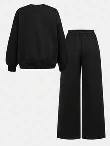 SHEIN Girlism 少女休闲运动套装，黑色连帽衫搭配撞色蝴蝶结和休闲抽绳运动裤 - 黑色 - 查看 15