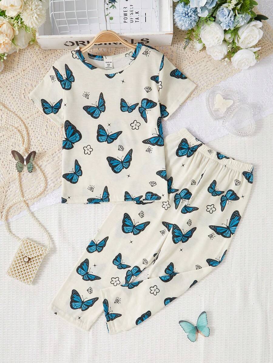 Girls' Butterfly Pattern Short-Sleeve Top + Stretchy Waistband Long Pants Children's Two Pieces Set, Suitable For Outdoor Wear. - Apricot - View 1