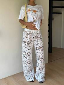 SHEIN EZwear Women's Elastic Waist Floral Lace Pants, Loose Casual Trouser