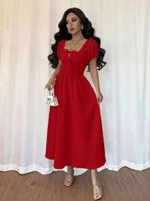 Rafferiza Đầm suông tay bồng màu trơn thanh lịch thắt eo tay ngắn cho nữ - Đỏ - Xem 1