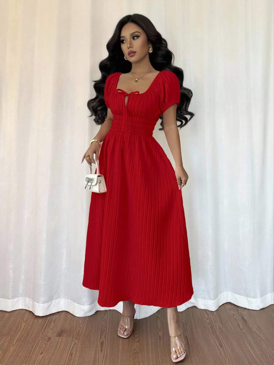 Rafferiza Đầm suông tay bồng màu trơn thanh lịch thắt eo tay ngắn cho nữ - Đỏ - Xem 1
