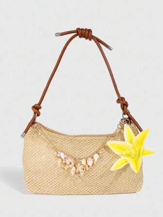 Fairycore 1 pièce Sac de paille décoré avec une chaîne d'éléments marins de style tropical, sac bandoulière sous le bras avec décoration de fleurs de lys