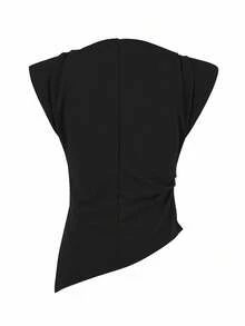 Camiseta de manga corta de verano para mujer con diseño asimétrico y unicolor - Negro - Ver 4