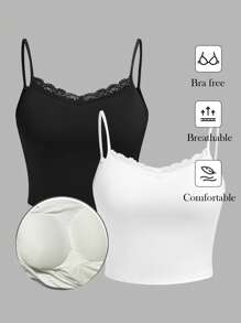 SHEIN Essnce 2pcs/Set Lace Trimmed Padded Bralette Tank Tops For Women, Built-In Bra - Multicolor - View 1