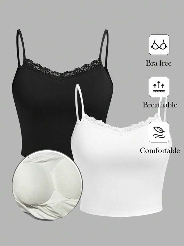 SHEIN Essnce 2pcs/Set Lace Trimmed Padded Bralette Tank Tops For Women, Built-In Bra