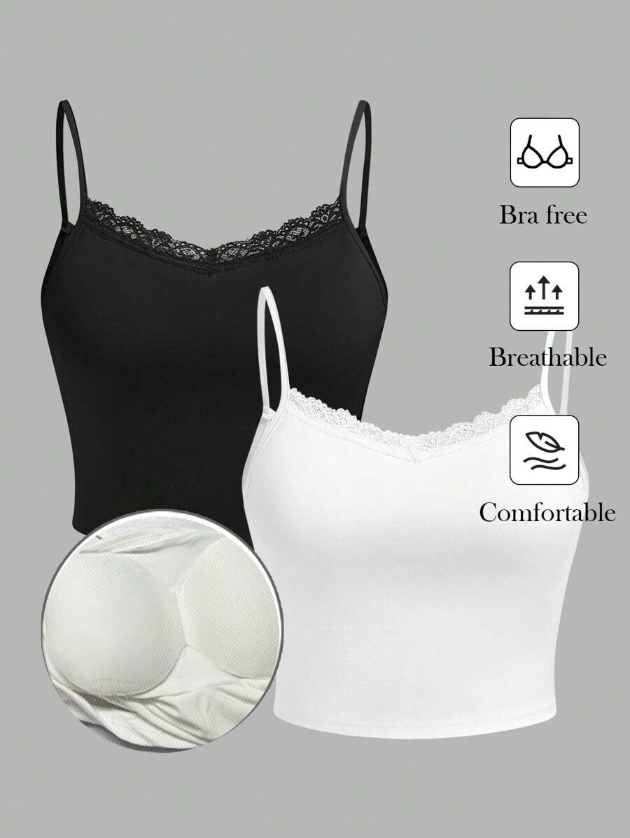 SHEIN Essnce 2pcs/Set Lace Trimmed Padded Bralette Tank Tops For Women, Built-In Bra - Multicolor - View 1