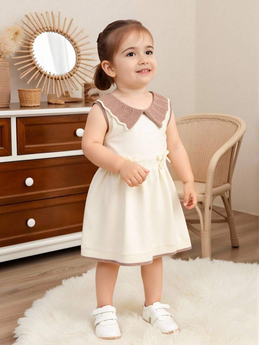 Baby Girls' Casual Summer Colorblock Bow Decor Cute Sweater Dress - Apricot - View 1