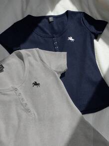 Comfortcana 2pcs Indigo Blue & Gray Solid Henley Collar Embroidered Slim Fit Short Sleeve T-Shirts Henley Tops Tops Sets - Multicolor - View 4