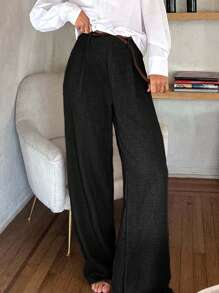 EURMUSE WOMEN WIDE LEG HIGH WAIST PANTS WITH BELTED - Black - View 1