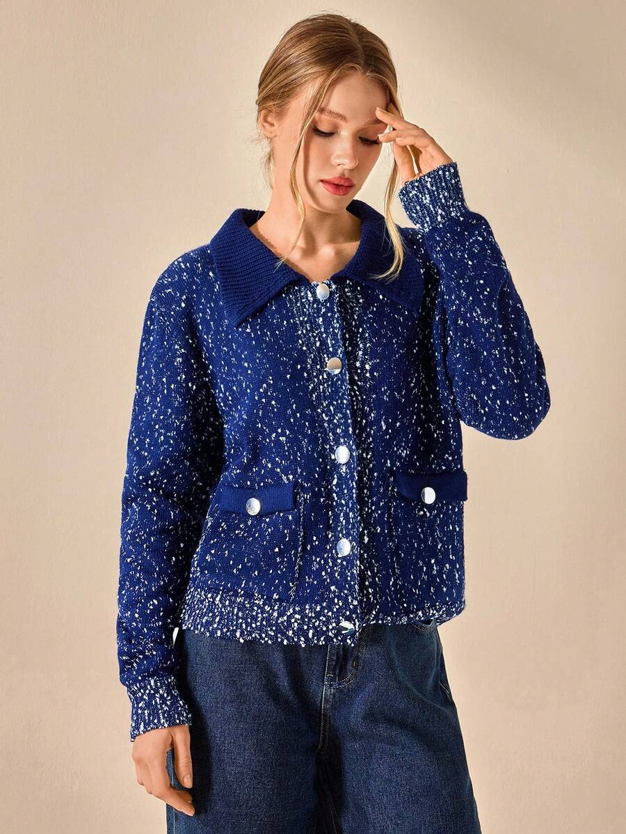 EURMUSE Women Polo Neck Gold Button Detailed Cozy Knit Cardigan Speckled Knit Button Up Cardigan With Flap Pockets And Collar For Casual Chic Fall Looks - Navy Blue - View 1