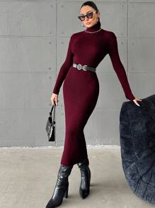 EURMUSE Women's Elegant Solid Color High Neck Bodycon Sweater Dress,Petite - Burgundy - View 1