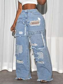 SHEIN CURVE+ 夏季时尚破洞拼接阔腿女式牛仔裤，百搭大码 - 藍色 - 查看 5