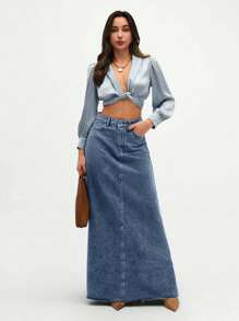 SHEIN Tall Women's High Waist Pockets Frayed Hem Extra Long Casual Denim Midi Skirt - Teal Blue - View 5