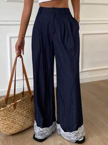Livesso Women's Loose Contrast Lace Wide Leg Pants With Pockets, Casual Holiday Trousers For Autumn - Navy Blue - View 4