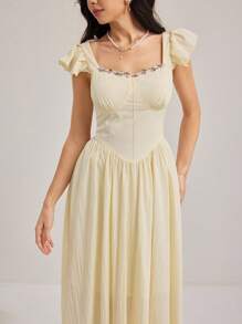 Modelyn Women's Floral Decor Sweetheart Neck Ruffle Detail Elegant A-Line Dress - Apricot - View 1