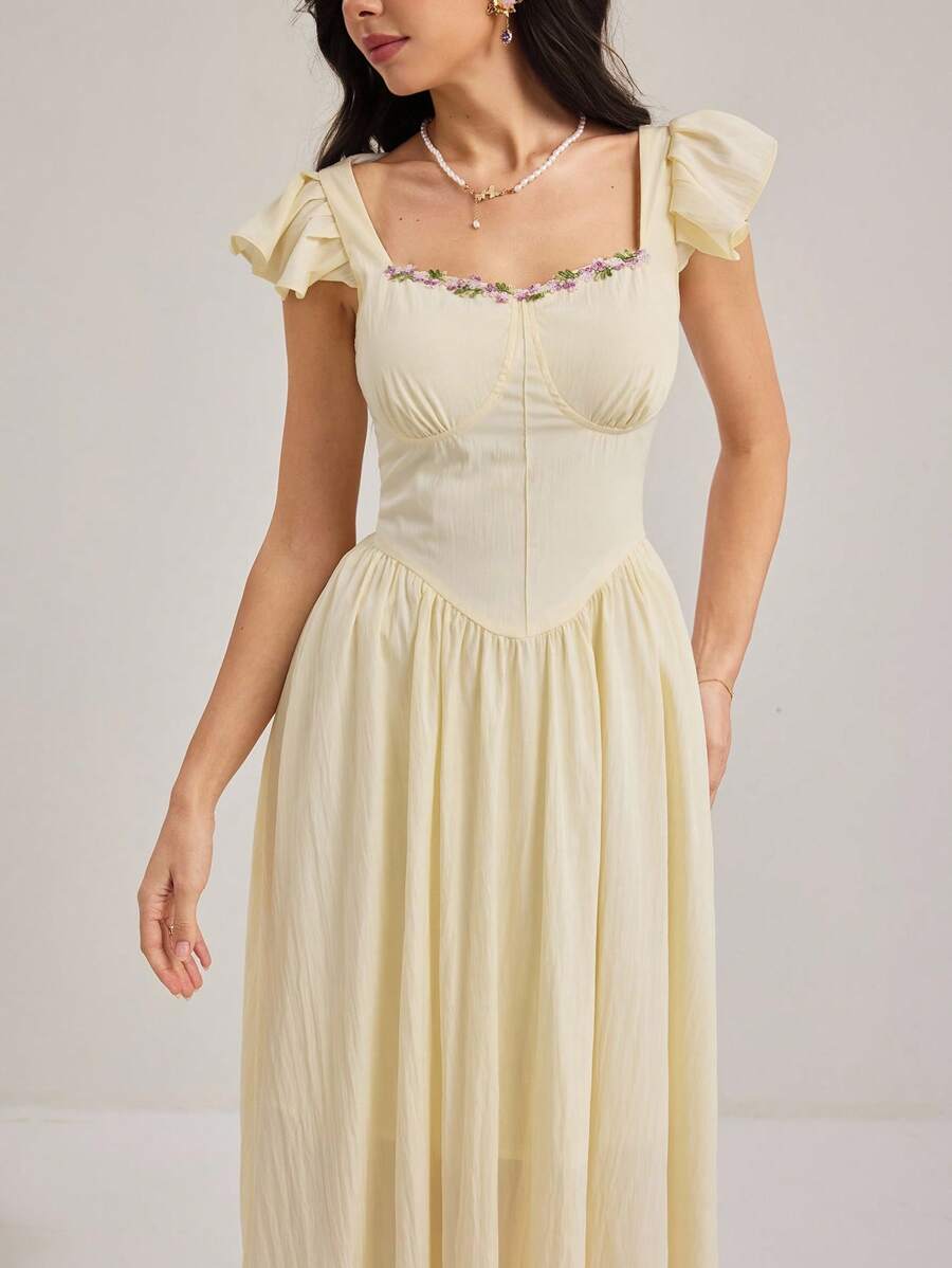Modelyn Women's Floral Decor Sweetheart Neck Ruffle Detail Elegant A-Line Dress - Apricot - View 1