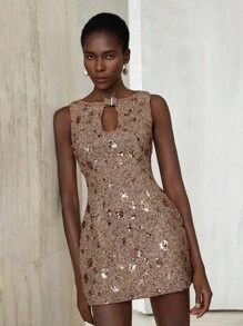 Aveloria Modichic Brown Mixed Tweed Fabric With Sequins Decor Design, Hollow Lapel, Button Embellished Minimalist High-End Style Elegant Waisted Office Commute Versatile Mini Dress For Women