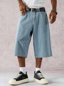 Manfinity Hypemode 男士街头时尚休闲钩针蓝色牛仔短裤 - 淺色水洗藍 - 查看 3