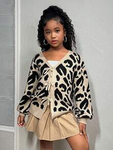 SHEIN Tween Girl Leopard Print Single-Breasted Loose Casual Cardigan Sweater, Autumn/Winter, Sibling Matching Outfits (2 Pieces Sold Separately) Fall - Multicolor - View 7