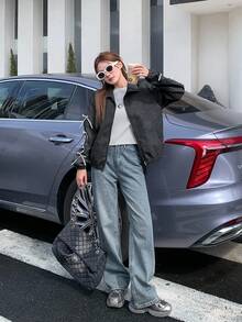 SHEIN 青少年女孩外套夹克秋冬/黑色/口袋/蝴蝶结/开襟夹克/运动夹克/街头/时尚/棒球夹克/ - 黑色 - 查看 7