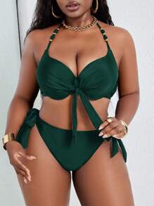 Slaydiva Plus Size Sexy Metal Underwire Bikini Set, Adjustable Halter Neck For Summer Beach Vacation - Dark Green - View 3