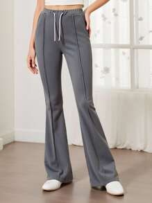 SHEIN Explorewe 1pc Teen Girls Cement Gray Bell Bottoms,Fashion Drawstring Elastic Waist Flare Pants,Soft Comfortable Versatile Casual Street Spring Autumn Trousers - Grey - View 1
