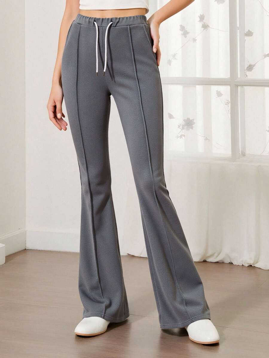 SHEIN Explorewe 1pc Teen Girls Cement Gray Bell Bottoms,Fashion Drawstring Elastic Waist Flare Pants,Soft Comfortable Versatile Casual Street Spring Autumn Trousers - Grey - View 1
