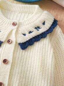 SHEIN Vintaside Kids Baby Girls' Embroidered Contrast Color Cardigan Sweater With Large Lapel, Autumn Vintage Baby Cardigan With Embroidered Flowers Fall Winter - White - View 3