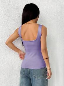 Flirla Women Square Collar Sleeveless Solid Color Fitted Stylish Crop Top, Summer - Mauve Purple - View 2