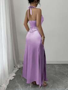 Rafferiza Váy suông bó sát màu sâm panh thanh lịch, xẻ tà hai bên bằng vải crepe co giãn - Màu tím - Xem 2