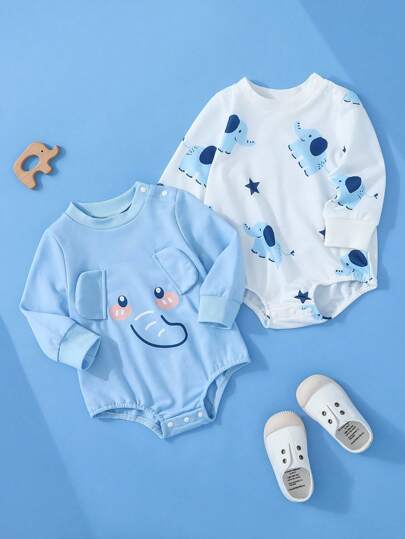 SHEIN 2 piezas Mono de manga larga con estampado gráfico de animales para bebé niño, diseño con orejas, con cierre de presión, práctico para uso diario, otoño