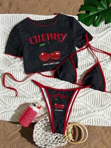 Swim Mod 3pcs Set Women Surfing, Including Cherry Letter Print Spaghetti Strap Bikini, Mesh Round Neck Short Sleeve Cover Up T-Shirt, Summer Beachwear Cherry Bikini Cheeky Bikini Set Cherry Swim Suit - Multicolor - View 1