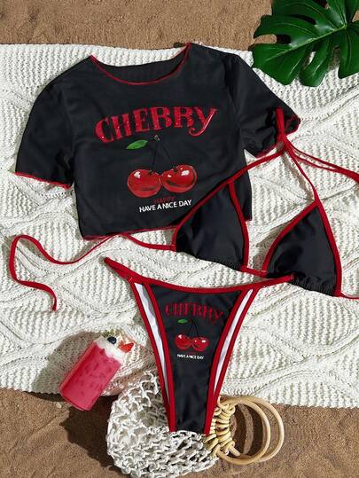 Swim Mod 3pcs Set Women Surfing, Including Cherry Letter Print Spaghetti Strap Bikini, Mesh Round Neck Short Sleeve Cover Up T-Shirt, Summer Beachwear Cherry Bikini Cheeky Bikini Set Cherry Swim Suit