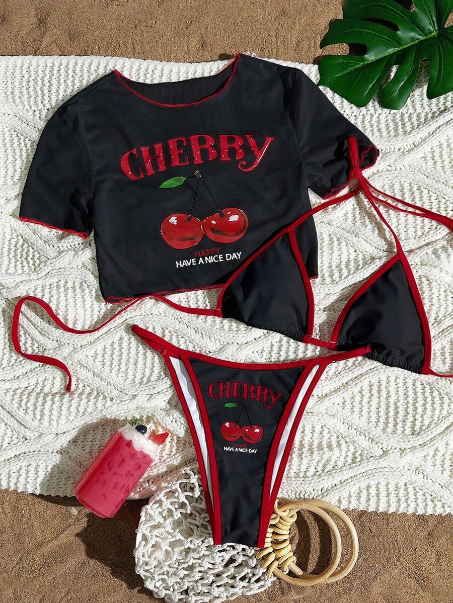 Swim Mod 3pcs Set Women Surfing, Including Cherry Letter Print Spaghetti Strap Bikini, Mesh Round Neck Short Sleeve Cover Up T-Shirt, Summer Beachwear Cherry Bikini Cheeky Bikini Set Cherry Swim Suit - Multicolor - View 1