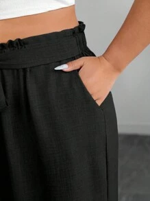 SHEIN PETITE Pantaloni larghi e morbidi da donna, in tinta unita, con tasche e nodo decorativo, taglie comode - nero - Visualizzare 5