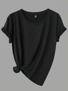 Calvaya Plus Size Solid Color Round Neck Short Sleeve Simple Casual Top - Multicolor - View 5