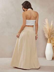 L'Amorae 女士纯色高腰褶皱长裙，休闲装，暑假装，休闲装，返校装 - 杏色 - 查看 6