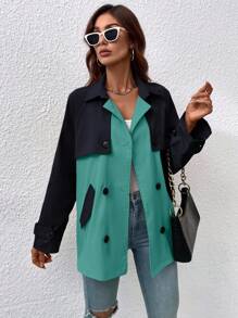 EMERY ROSE Manteau trench casual ample à double boutonnage et manches longues avec blocs de couleurs. Tenues décontractées, vêtements de printemps pour l'université, vêtements d'automne et d'hiver pour femmes - Multicolore - Voir 3