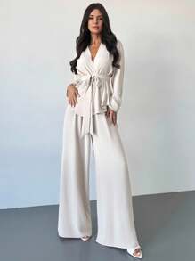 Firerie Bộ đồ nữ thanh lịch, rộng rãi, màu mơ, gồm áo dài tay và quần, gồm 2 món. - trắng - Xem 3