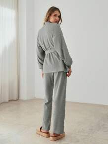 SHEIN Cottnline Cotton Drop Shoulder Belted Coat & Pants - Light Grey - View 2