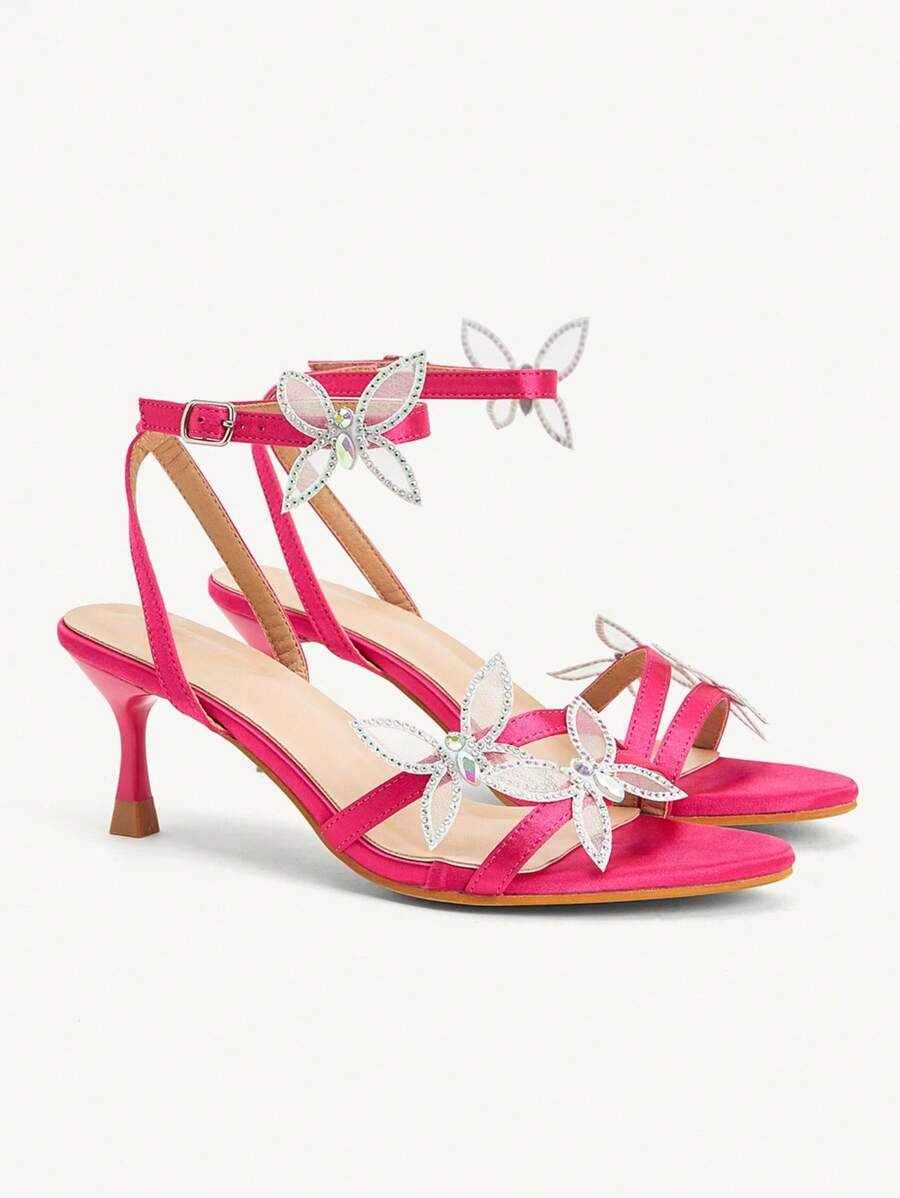 CUCCOO CHICEST Sandalias con tacón grueso de mujer con pedrería, malla y adorno de lazo, estilo elegante, dulce, romántico y de jardín, color negro, apropiadas para citas, fiestas, discotecas y vacaciones - Rosa Fucsia - Ver 1