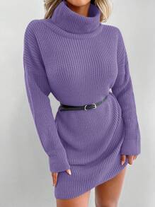 EURMUSE Solid Colored High Neck Drop Shoulder Sweater Dress Without Belt - Mauve Purple - View 6