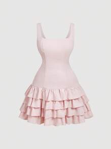 SHEIN MOD Plus Size Pink Cute Cake Ruffle Hem Cropped Tank Dress,Graduation Dress,Corset Dress - Pink - View 1