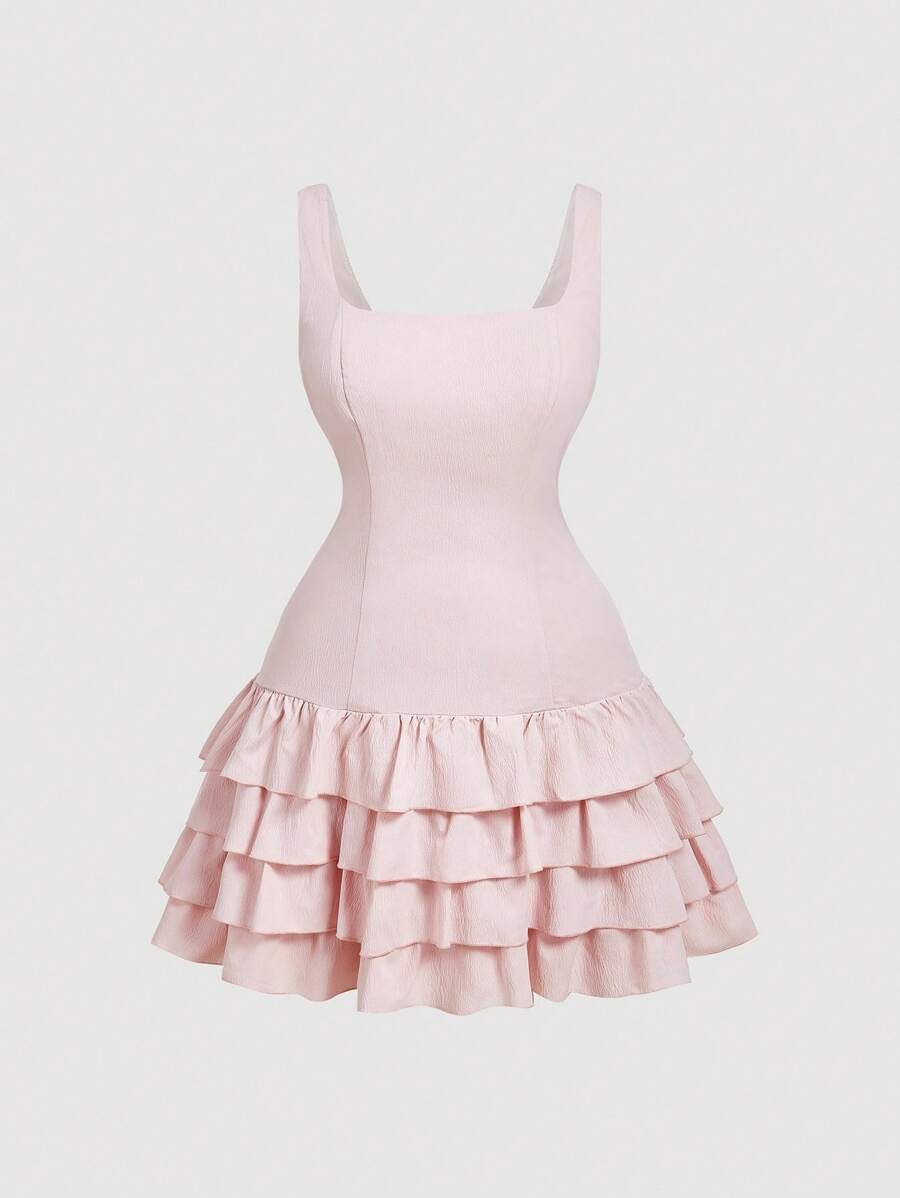 SHEIN MOD Plus Size Pink Cute Cake Ruffle Hem Cropped Tank Dress,Graduation Dress,Corset Dress - Pink - View 1