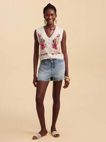 Travachic Women V-Neck Floral Pattern Button Front Sleeveless Sweater Vest, Beach,Spring Break,Vacation,Concert - Apricot - View 3