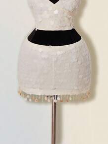 SHEIN ICON Bộ 2 món váy cưới hở vai đính sequin lấp lánh dự tiệc màu sâm panh thanh lịch và váy ngắn cạp thấp dành cho nữ - Màu be - Xem 4