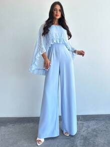 Firerie Mono de mujer con capa romántica y elegante de cuello en V en azul, con volantes en el bajo, ropa casual y de vacaciones, adecuado para el verano y la temporada de graduación - Azul - Ver 2
