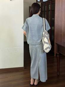 DAZY 女士纯色短袖衬衫和牛仔裙套装 - 中等水洗藍 - 查看 2