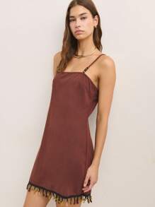 Nöista Earthy Brown Straight-Cut Summer Slip Dress With Thin Straps And Tassel Hem. Lightweight Breathable Fabric Fits Summer Dresses For Women, Summer Outfits For Women, Cute Summer Tops, Women's Summer Clothes, Plus Size Summer Clothes, And Perfect For Vacation Or European Summer Style. Ideal For Casual 4th Of July Outfit Women.
