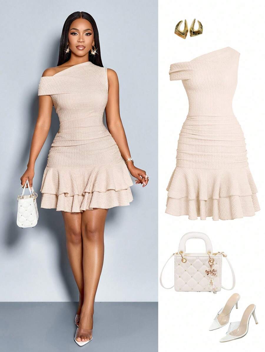 SOLERSUN 女装春夏时尚日常装节日优雅优雅派对日间杏色针织不对称领口长袖聚拢双褶迷你连衣裙 - 杏色 - 查看 1